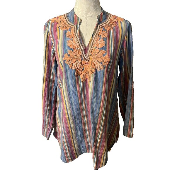 Soft Surroundings Top XS Striped Embroidered Beaded Cotton Tunic Long Sleeve - Picture 2 of 9